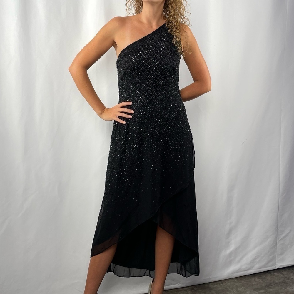 Vintage Tadashi 90's style Beaded One Shoulder Dress in Black Size Small Petite - Picture 1 of 8